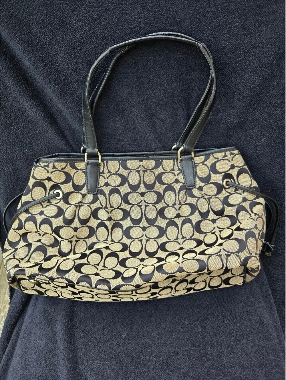 Coach F28501 Signature Tote Bag Khaki Black Canvas Leather Shoulder Purse